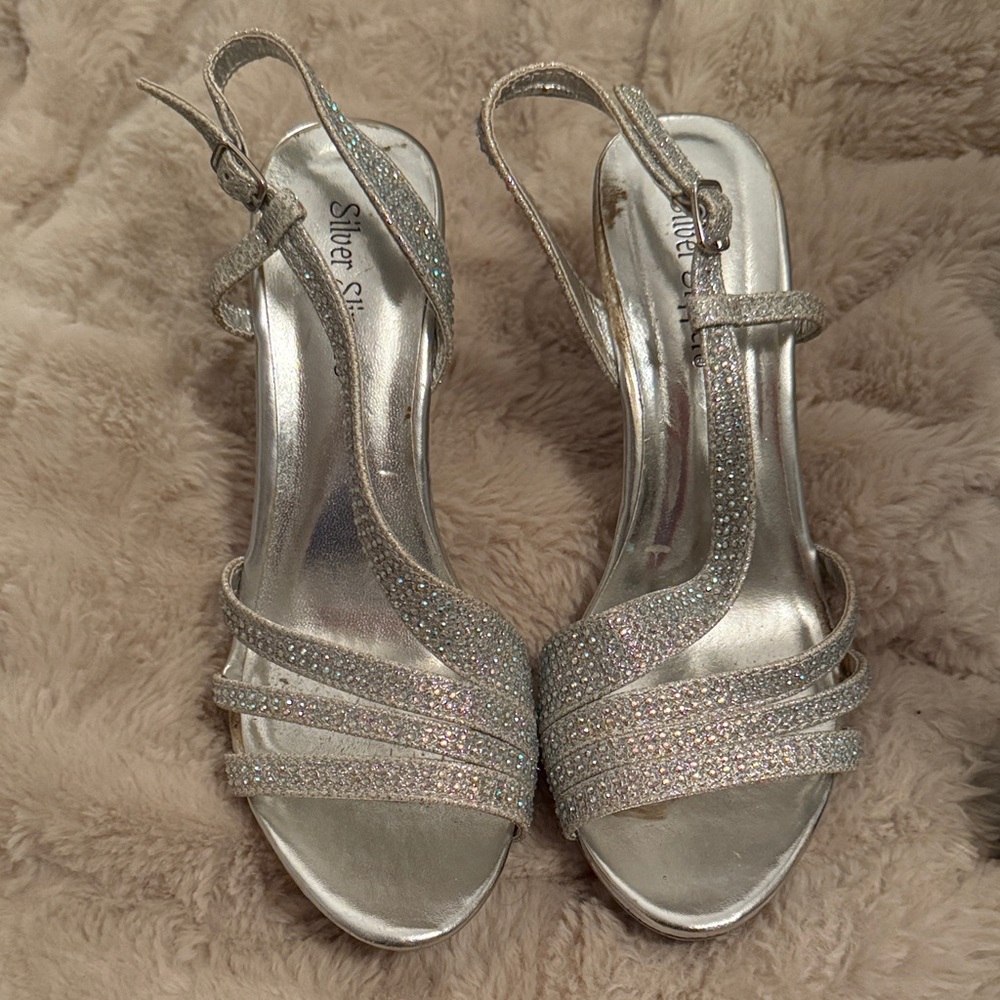 Silver Strappy Heels with Rhinestones